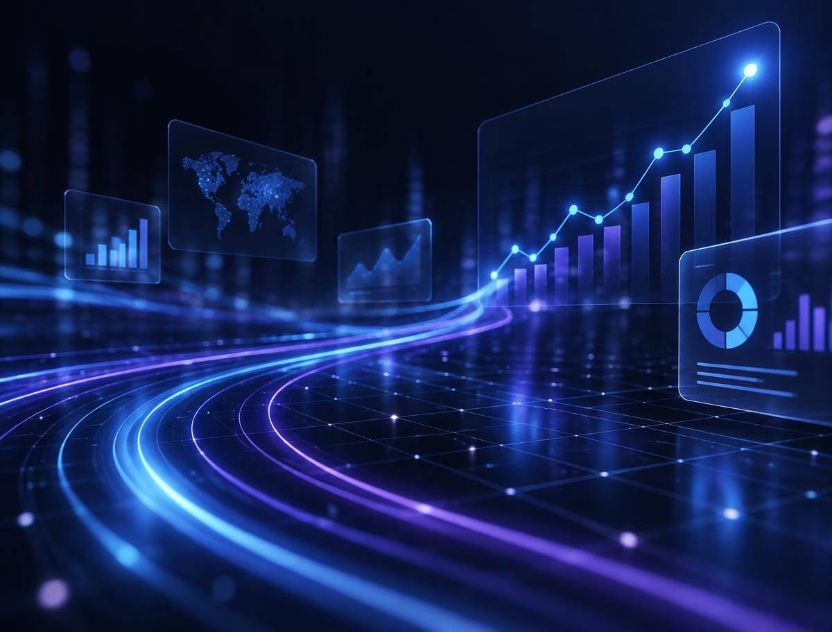 Abstract digital growth visualisation with data lines and gradient light